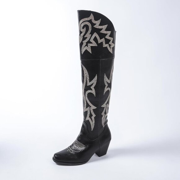 ⚡Women’s Black Knee Western Cowboy Boots Square Toe PU Leather Embroidered - Picture 2 of 8